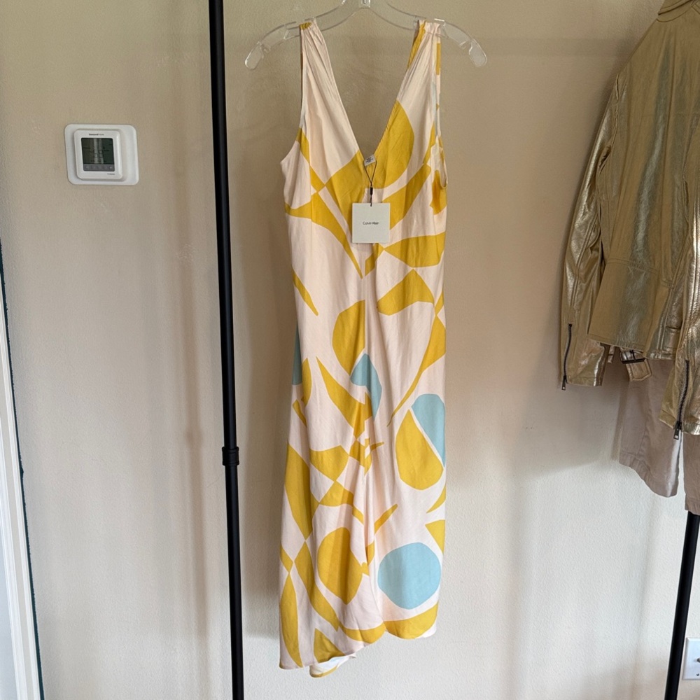 Calvin Klein Yellow & Light Blue Abstract V-Neck Maxi Dress